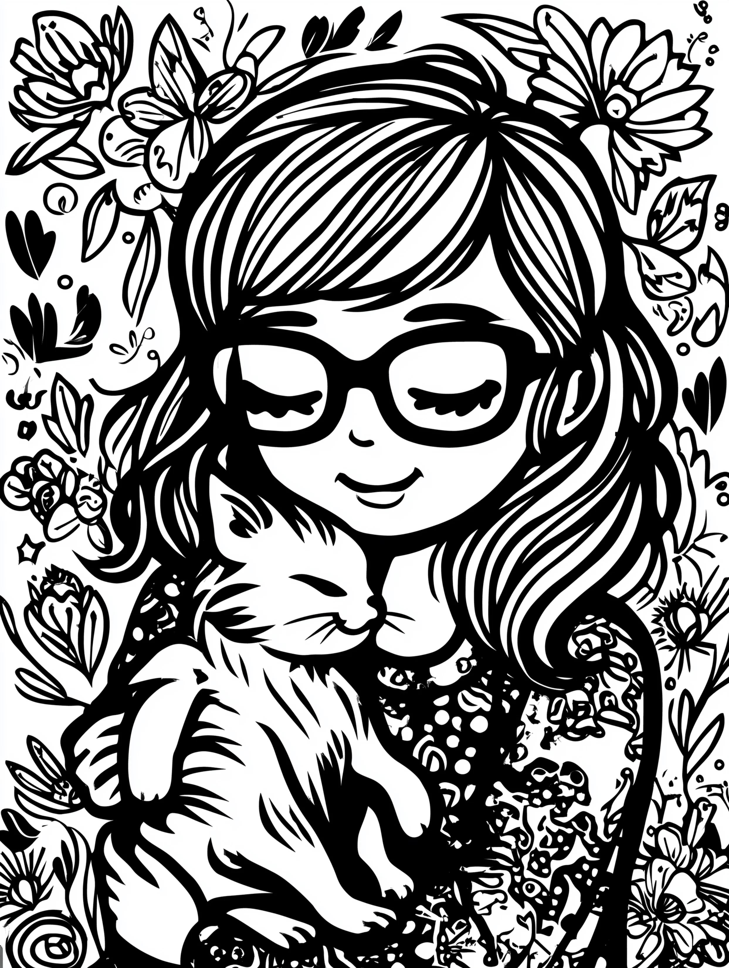 Free printable coloring page for your mom featuring a woman wearing glasses hugging a cat